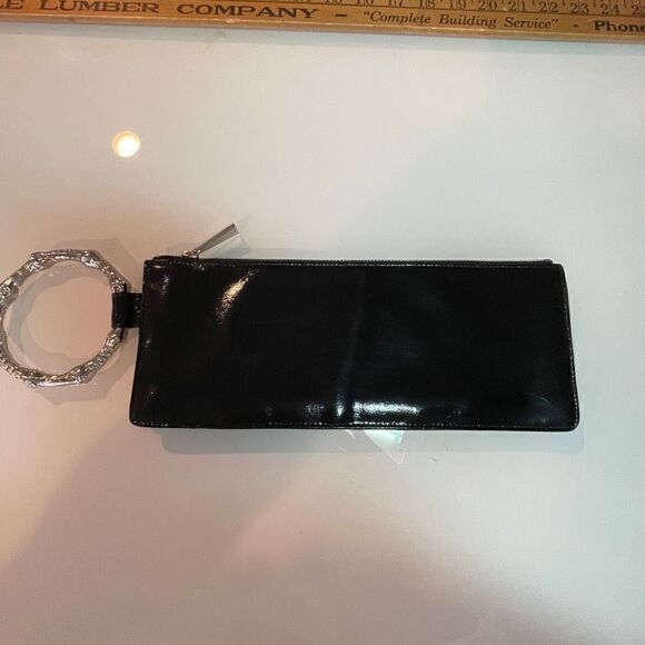 Trina Turk Black Wristlet Patent Genuine Leather Zip Wallet Clutch - Picture 1 of 6